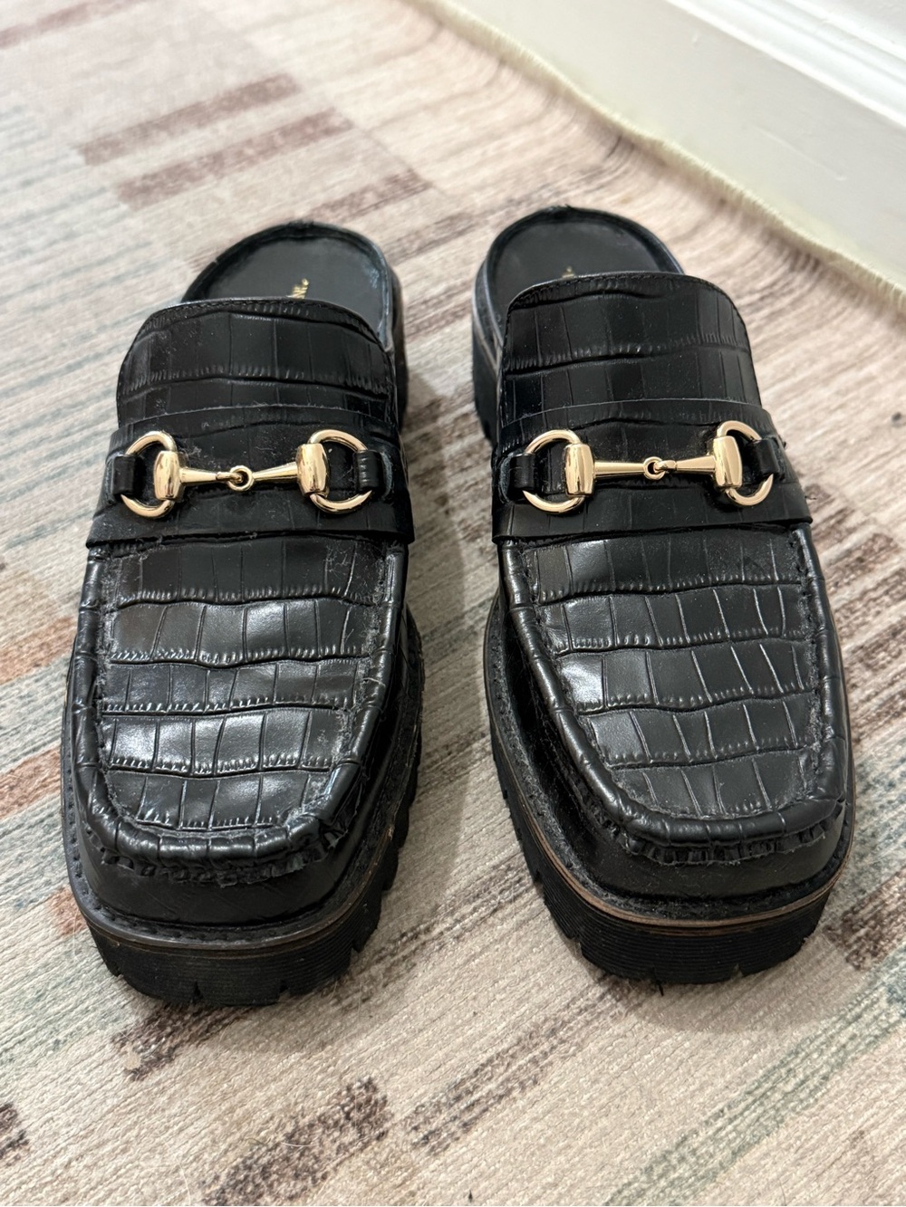 INTENTIONALLY BLANK Black Croc-Embossed Slip-On Loafers with Gold Horsebit